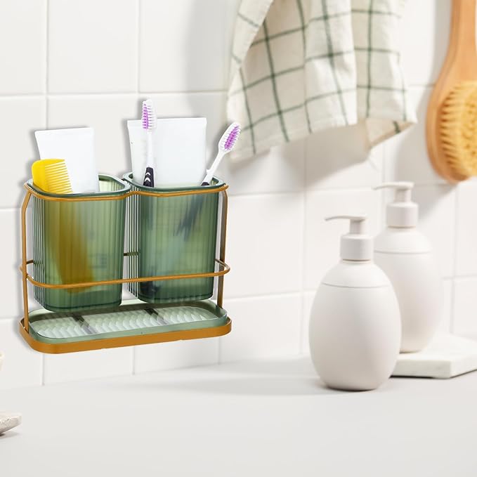 Green Toothbrush Holders for Bathrooms, 2 Cups Toothbrush Holders for Bathrooms Countertop Organizer, Dry & Wet Separation, Bathroom Organizers and Storage, Bathroom Toothbrush Holder Set for Family
