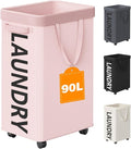Pink Laundry Basket with Wheels, Dorm Room Essentials for Girls, 90L Rolling Laundry Hamper with Wheels and Removable Mesh Bag for Clothes, Bedroom, Bathroom, College