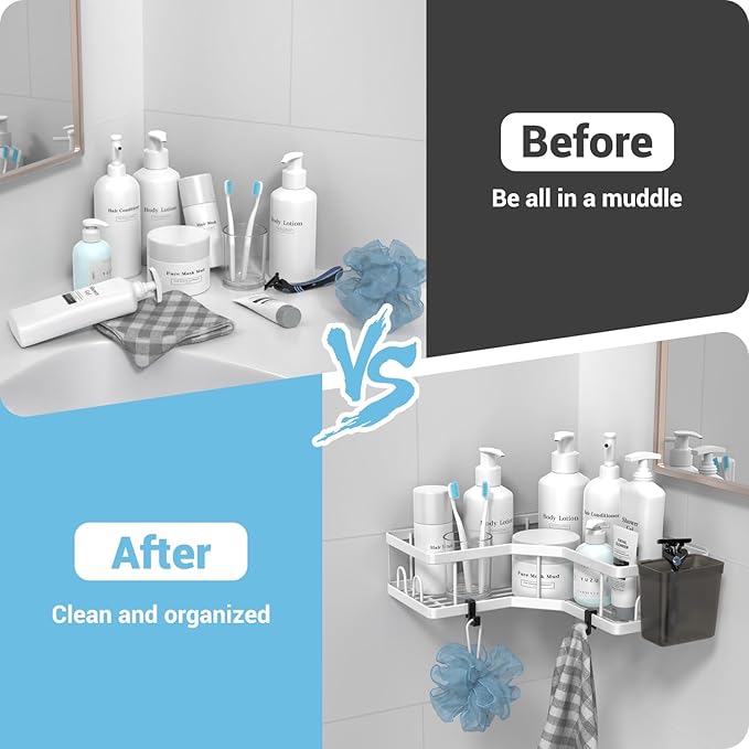 Shower Caddy Corner Organizer Shelf: 2Pack Adhesive Shower Essentials Accessories - No-Drilling Stainless Steel Bathroom Storage Rack with Hooks and Toothpaste Holder