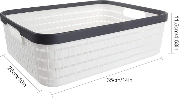 CertBuy 3 Pack Plastic Storage Baskets 14 x 10 x 4.5 Inch, Large Weave Storage Bins with Handle for Cabinet, Shelf, Kitchen, Bedroom, Bathroom and office – White