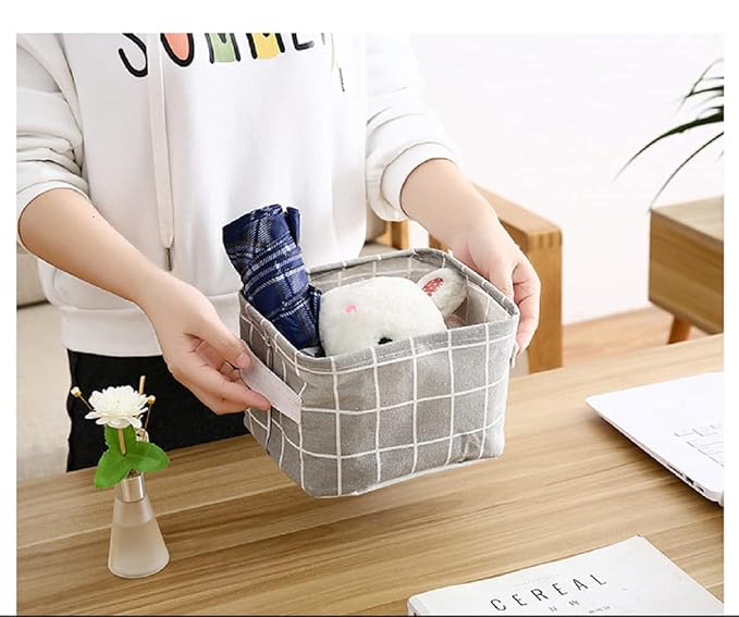 FocuH Stylish Storage Basket Cotton and Linen Fabric Mini Storage Cubes Nursery Storage Baskets with Handles for Shelves & Desks (Set of 3)