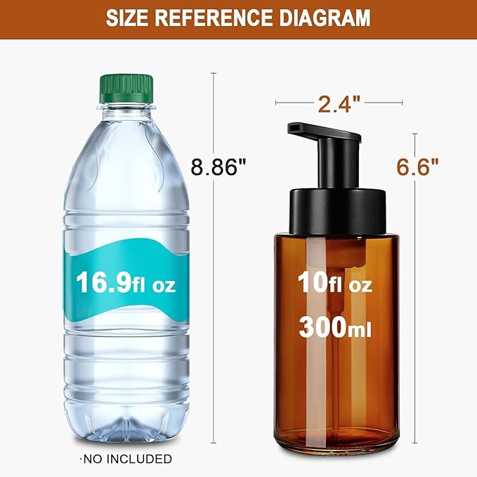 Amber Foam Soap Dispenser, 10 oz/300ml Glass Foaming Soap Dispenser, 2 Pcs Foaming Hand Dispenser for Bathroom & Kitchen, Refillable Bottle with Waterproof Labels