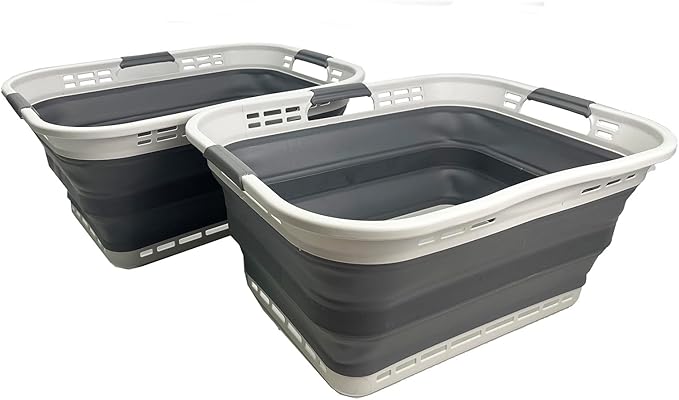 SAMMART 42L (11 Gallon) Set of 2 Collapsible Plastic Storage Basket - Foldable Pop Up Storage Container - Portable Laundry Organizer - Space Saving Hamper (Grey/Steel Grey, 42L (Style A))