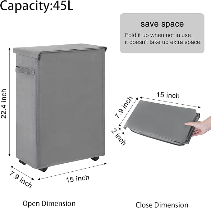 Chrislley Slim Laundry Hamper with Wheels, 45L Narrow Rolling Laundry Basket with Lid, Foldable Dirty Clothes Hamper Portable Skinny Hamper Storage Bins for Dorm, Bedroom (grey)