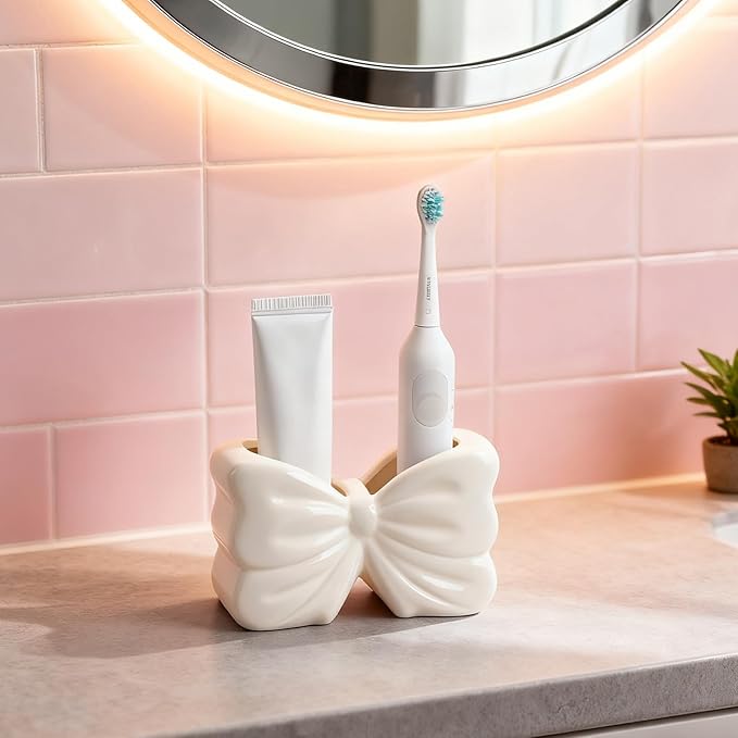 Bow Toothbrush Holder ， 2-Slot Toothbrush and Toothpaste Holder Cute Toothbrush Holder Set, Bathroom Counter Organizer for Bathrooms， Electric Toothbrushes, Floss, Razors - White
