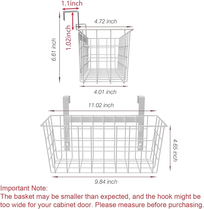 MaraFansie Basket with Hook, Grid Storage Basket, Over the Cabinet Door Organizer, Wire Hanging Basket with Hook Over the Railing, Under Sink Kitchen Cabinet, Pantry, Bathroom, White, 2 Pack