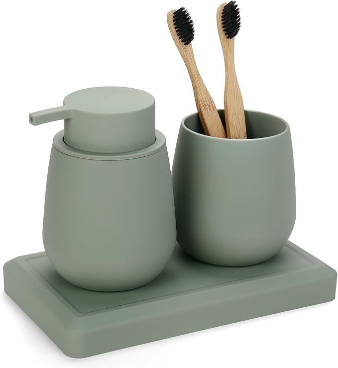 Bathroom Accessories Set, Modern 3 Pcs Bathroom Essentials - Soap Dispenser, Toothbrush Holder & Tray, Countertop Vanity Organizer (Green)