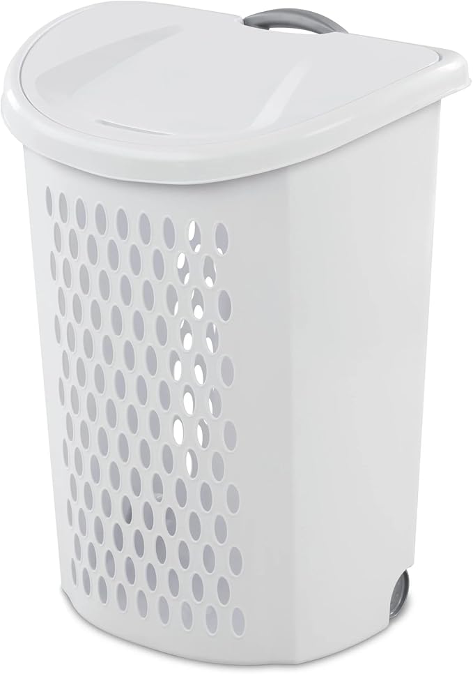 Wheeled Plastic Laundry Hamper with Handle, White - Easy Transport for Laundry, Durable Plastic, Rolling Design, Perfect for Bathroom & Bedroom Storage