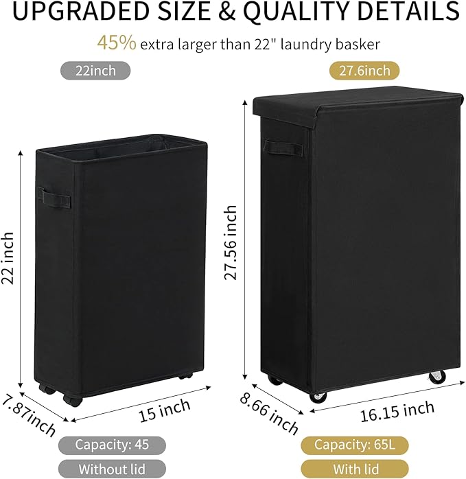 Chrislley 65L Slim Laundry Hamper with Lid Narrow Rolling Laundry Basket with Wheels Upgrade Foldable Dirty Clothes Hamper Portable Skinny Hamper Storage Bins (27.56 inches, black)