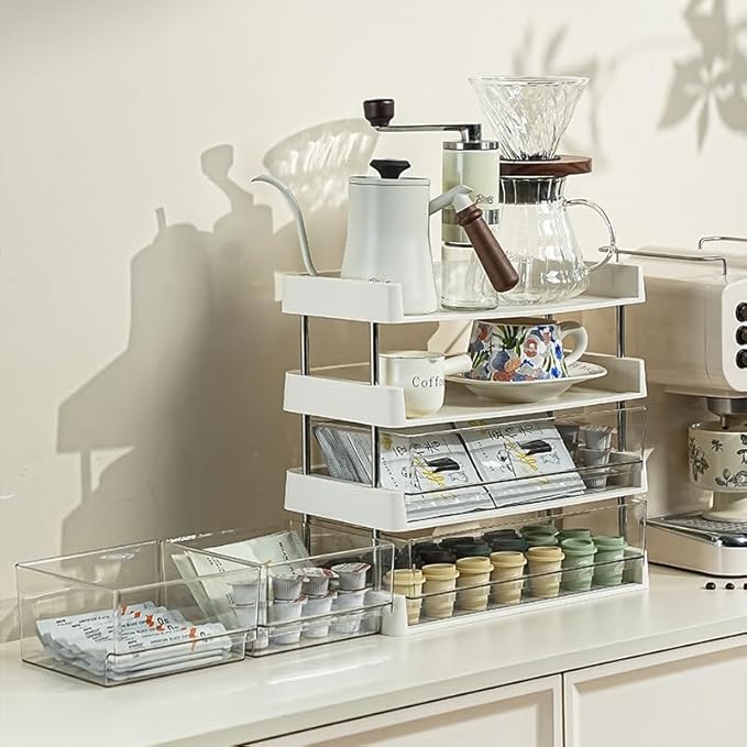 Modular Drawer Organizer, Stackable 4 Trays Come with 5 Drawers box for Tea Bags, Coffee Pods, Spices, Makeup, Office Supplies, Snacks, 12.7x6.7x12.2 inches Countertop Drawer Organizer