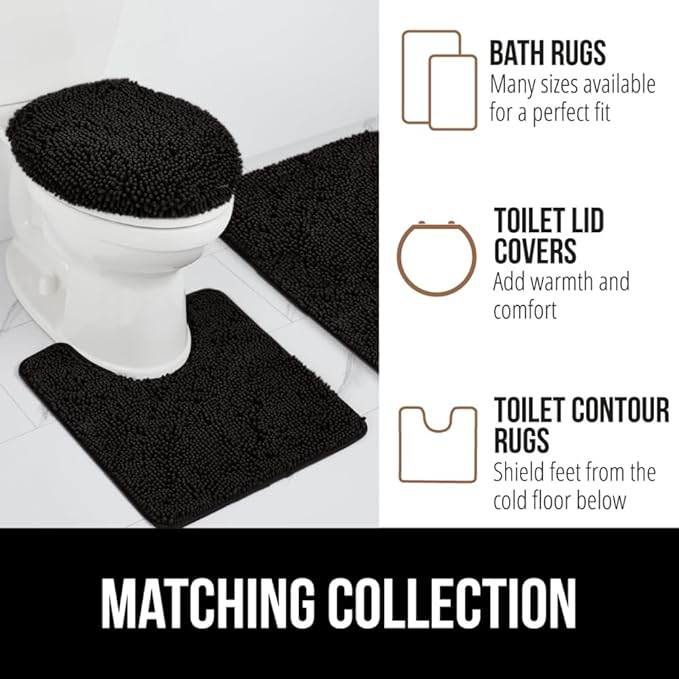 GORILLA GRIP Plush Absorbent Shaggy Chenille Bath Rug Mat for Square Toilet Base with Rubber Backing, Machine Washable Rugs, Soft Microfiber Contour Mats for Toilets, Bathroom Decor, Black
