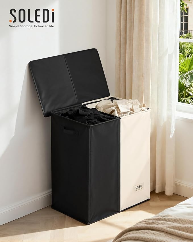 SOLEDI Large Double Laundry Hamper with Lid, Collapsible Clothes Hamper 2 section with Removable Bags, Space-Saving Laundry Basket for Bedroom, Dorm, College