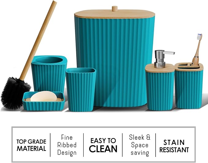 Clara Clark Bathroom Set - Teal Bathroom Accessories Set, 6PC Bathroom Accessory Set, Bathroom Sets with Adhesive Corner Shower Caddy Hanging, Toilet Brush, Trash Can & Soap Dispenser
