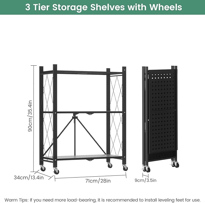 ALANNG 3 Tier Storage Shelves on Wheels, No Assembly Metal Folding Shelf Heavy Duty, Black | Colorful | Rolling | Collapsible | Rack Unit | for Living Room Office | 13.4" D x 28" W x 35.4" H