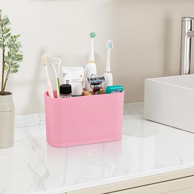 Toothbrush Holders for Bathrooms, Electric Tooth Brush Holder with Bamboo Dividers Kids Toothbrush and Toothpaste Organizer for Bathroom Countertop Accessories Storage, 4 Slots, Pink