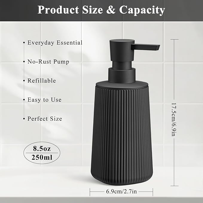 Black 2 Pack Hand Soap Dispensers with No Rust Pump for Bathroom and Kitchen Countertops Refillable Striped Matte Plastic 8.5 oz