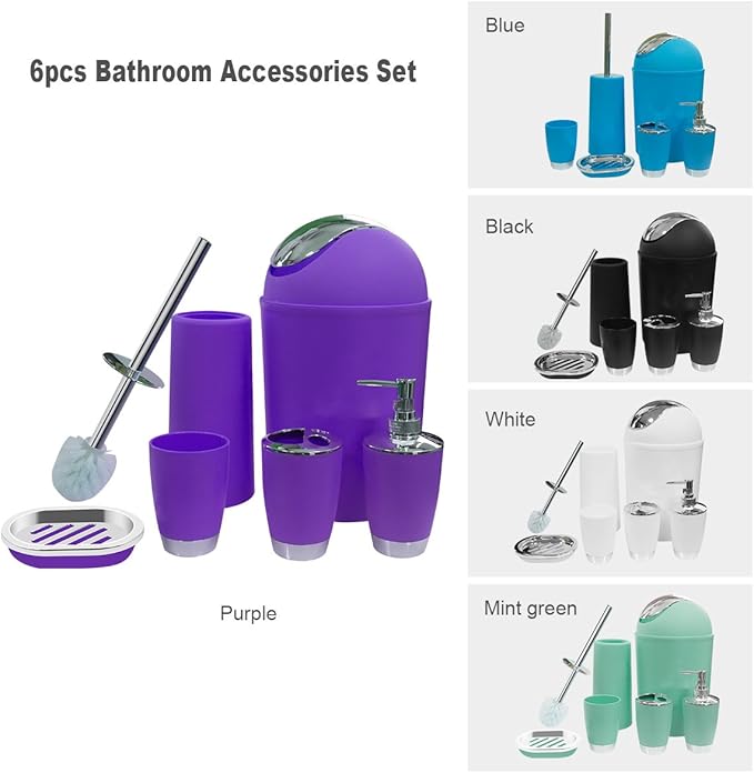 Bathroom Accessories Set, 6-Piece Plastic Gift Set, Toothbrush Holder, Toothbrush Cup, Soap Dispenser, Soap Dish, Toilet Brush Holder, Trash Can (Purple)