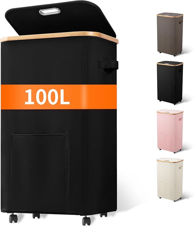 Laundry Basket with Wheels, Tall Dirty Clothes Hamper on Wheels, Rolling Laundry Hamper with lid for Dorm, Bedroom and Bathroom (Black, 100L)