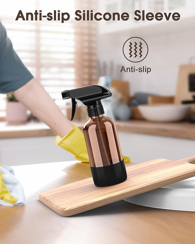 Glass Spray Bottle with Silicone Sleeve Protection, Amber Glass Spray Bottle Set for Window Cleaner Aromatherapy Facial Hydration Watering Flowers Hair Care 2 Pack/8 oz (Black & Orange)
