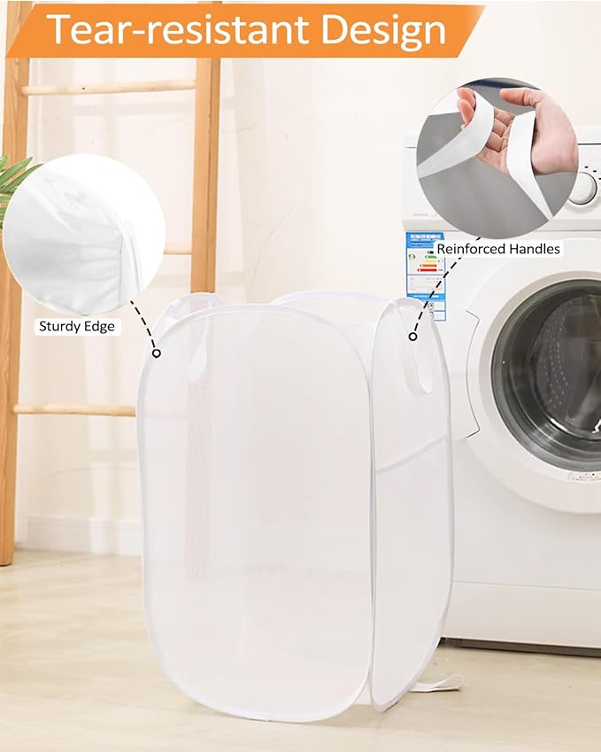 2 Pcs Durable Collapsible Laundry Baskets - Reinforced Mesh Pop Up Laundry Hamper with Pocket, Foldable Dirty Clothes Hamper with Carry Handles for Laundry, Bathroom, Kids Room, Dorm or Travel White