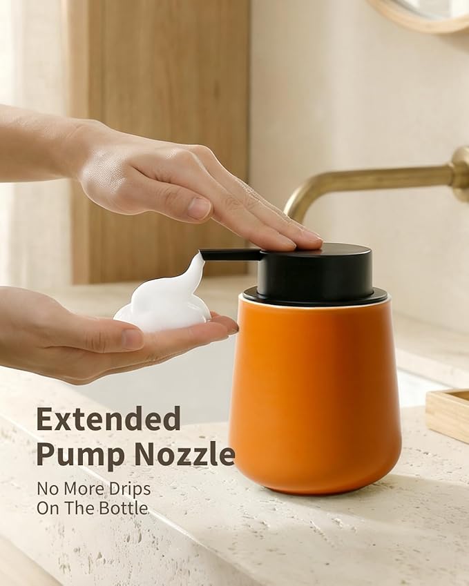 BosilunLife Foam Hand Soap Dispenser - 12 oz Bathroom Hand Pump Dispenser Foaming Soap Dispenser Ceramic Dish Wash Dispenser for Kitchen, Orange