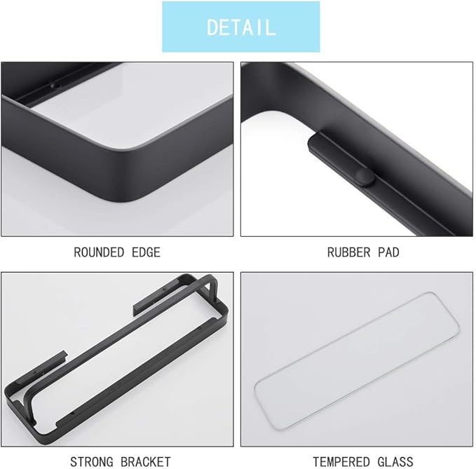 15.7 Inch Bathroom Tempered Glass Shelf with Towel Bar,Wall Mounted Aluminum Shower Organizer,Over Toilet Storage Cabinet,Matte Black,Kitchen Rectangular Vanity Rack
