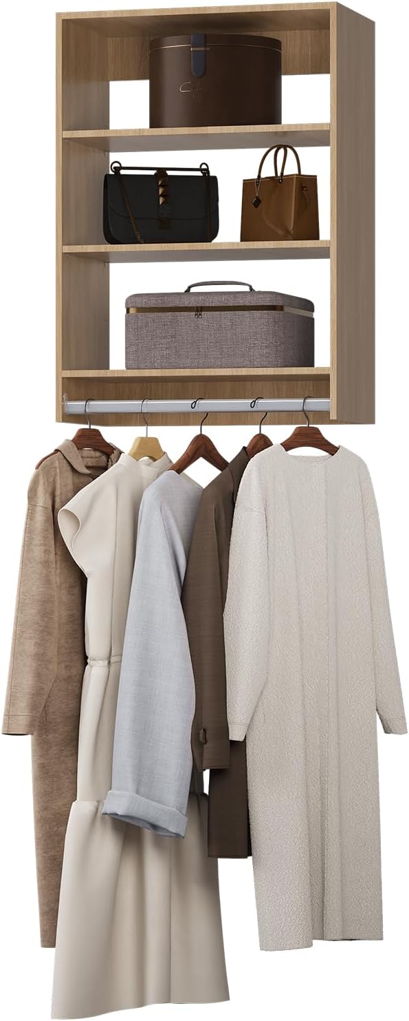 Medium Double Hanging Closet Unit, Modular Closet System, Wood Closet System Organizer with Storage for Walk In Closets, Clothing Rack Closet for Hanging Clothes, Bedroom, Wood, 19.5"W