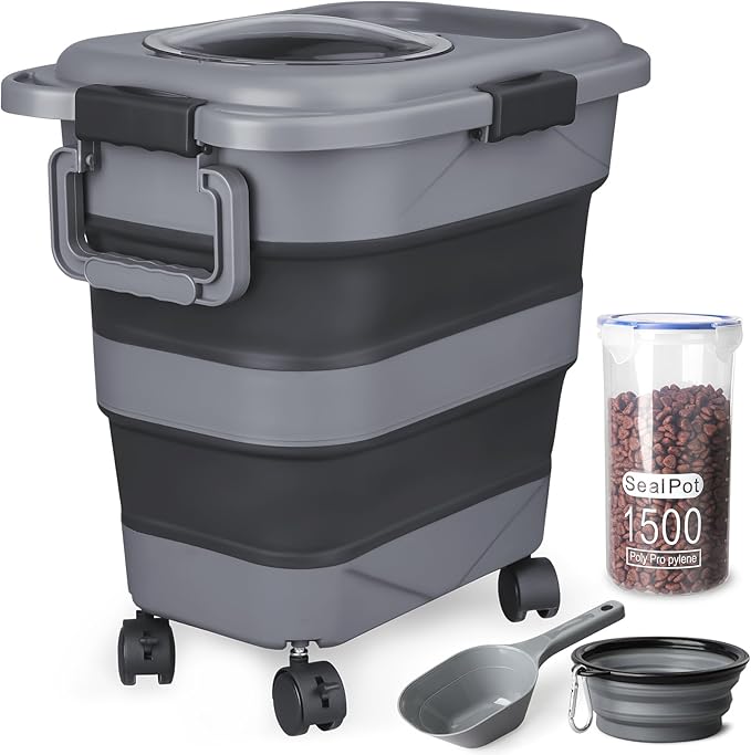 Dog Food Storage Container，10-25 lbs Airtight Collapsible Cat Food Storage Container with Attachable Wheels, Portable Handle, Dog Food Scoop for Dog Cat Bird Pet Dry Food Storage Bin Dark Grey