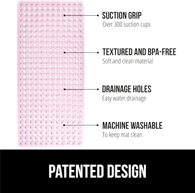 GORILLA GRIP Patented Bath Tub Shower Mat, Machine Washable Bathtub Floor Liner Mats, Suction Cups and Drain Holes to Keep Tubs Clean, Soft on Feet, Bathroom Essentials, 35x16 Inch, Clear Light Pink
