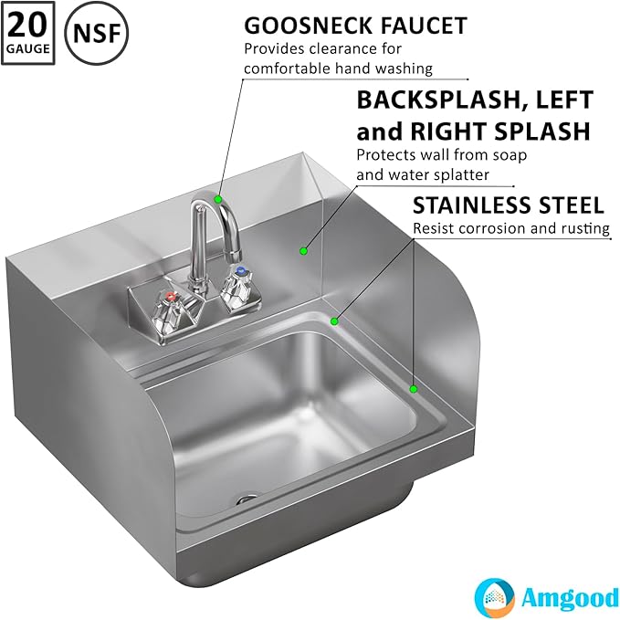 AmGood Stainless Steel Wall Mount Hand Sink with Faucet and Sidesplash 17" x 15" | NSF Commercial Hand Washing Basin For Restaurant, Kitchen and Home | Bowl Size: 10" x 14"