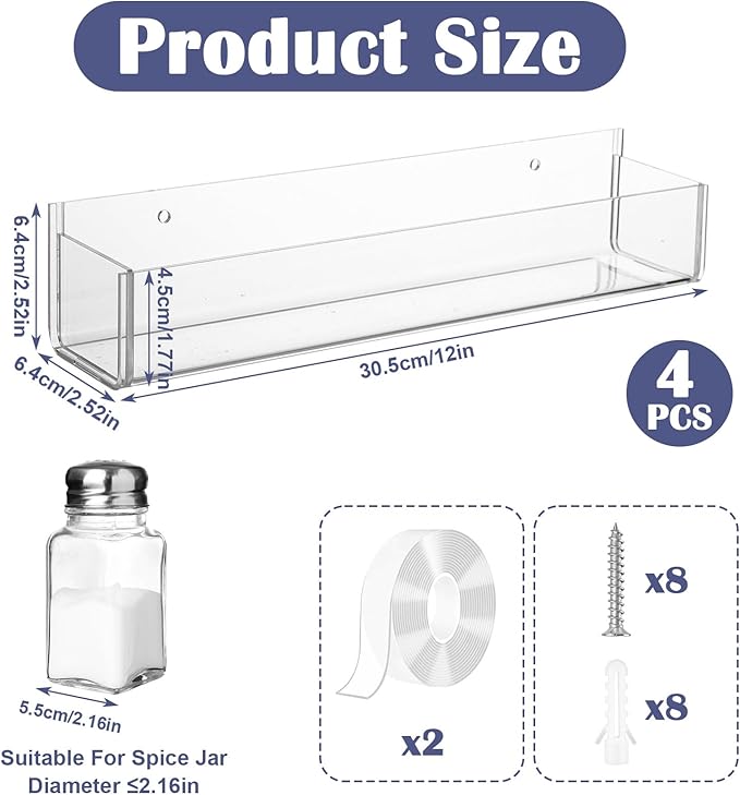 Adhesive Acrylic Spice Rack for Wall, 12 Inch Wall Mount Spice Rack with 2 Double Sided Tape, 4 Pack Hanging Seasoning Rack Organizer for Kitchen Cabinet Door/Pantry Door (Adhesive or Screw)