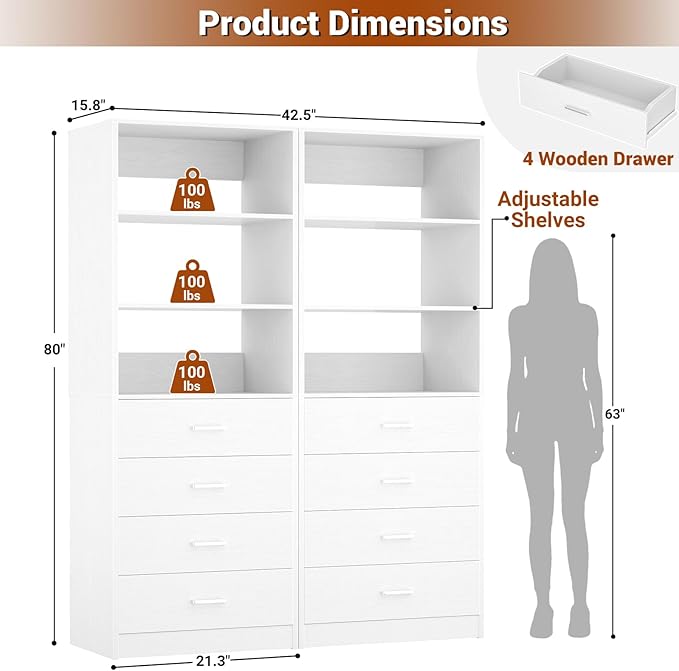 Aheaplus Closet Drawers Organizer System, 3.54FT Wood Closet System with 4 Drawers, Modular Walk-in Closets Storage Unit, Tall Bookshelf Storage Cabinet, White (2 Packs)