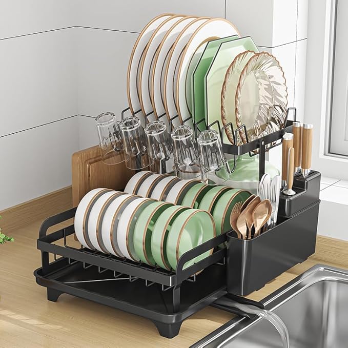 2 Tier Dish Drying Rack Automatic Drainage Board Space-Saving for Kitchen Counter with Cups Holder
