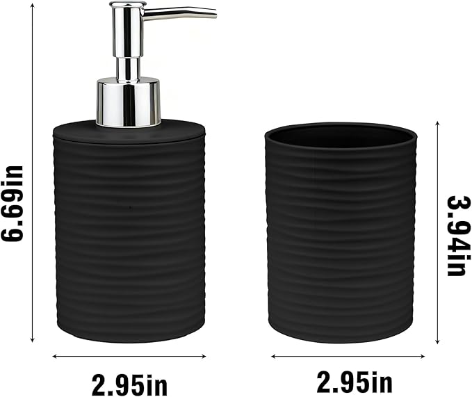 Bathroom Accessories Set, 2-Piece Black Soap Dispenser & Toothbrush Holder with Ripple Texture & Rust-Proof Pump, Modern Matte Organization