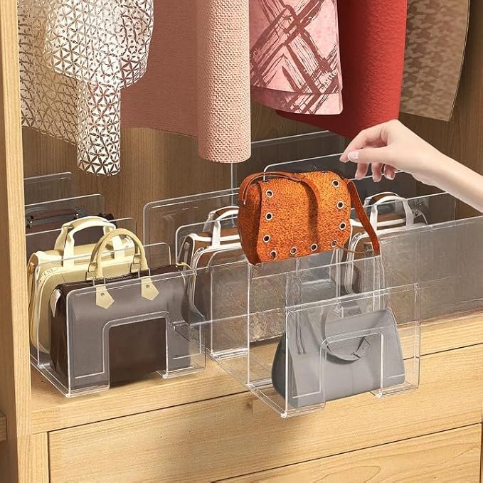Noleja 2pcs Clear Plastic Purse Handbag Organizer 4 Sections Bag Closet Shelf Divider Purse Display Stand Handbag Storage Organizer Clear Desk File Sorter Stand Holder Bookshelf (4)