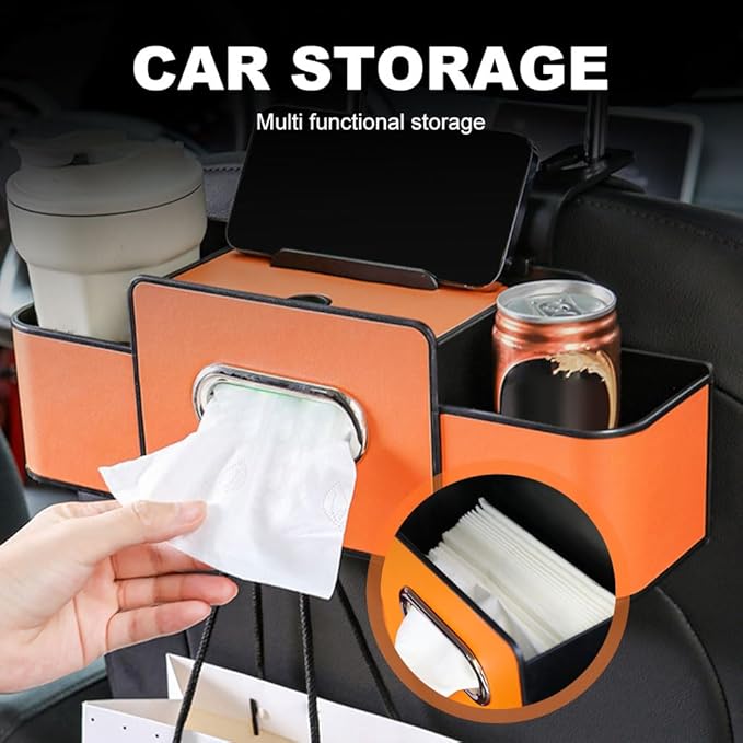 3-in-1 Car Backseat Organizer – Keep Your Ride Clean & Organized! Tissue Box, Trash Bin & Hooks,Multifunctional Back Seat Car Organizer for Hold Phones, Snacks, Drinks, and Handbags (White)