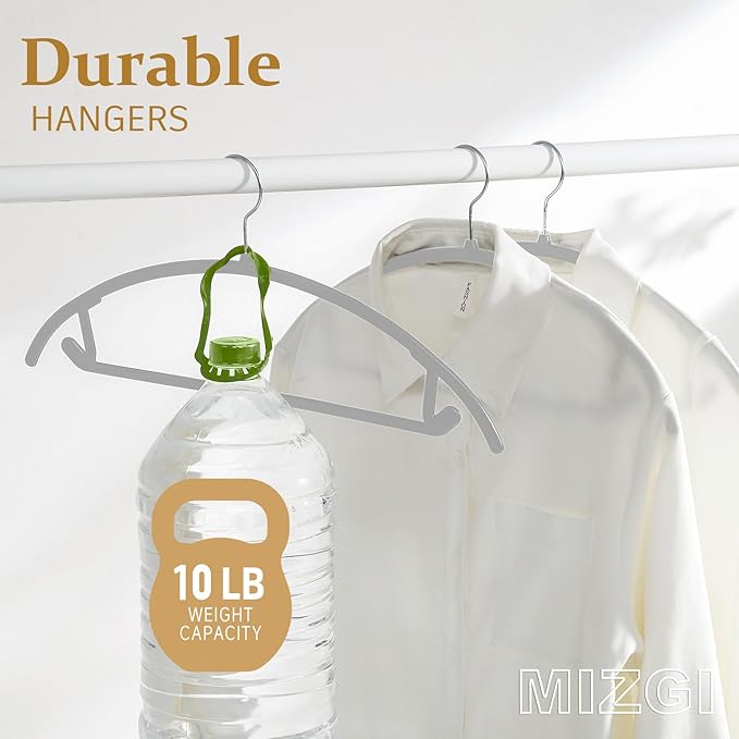 MIZGI Premium Plastic Hangers (Pack of 50) Heavyduty- Gray No Shoulder Bump Suit Hangers - Space Saving Clothes Hangers,Rounded Hanger for Coat,Sweater,Jackets,Pants