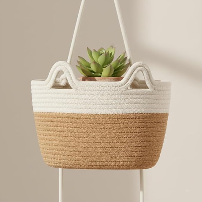 Britwicfr Wall Hanging Baskets, 3-Tier Cotton Over Door Organizer, Decorative Hanging Wall Basket for Wall, Door, Nursery, Living Room, Bathroom, Cat-Like Design Boho Decor, White & Jute
