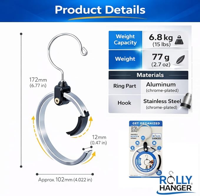 Rolly Hanger® Closet Space Saver – Premium Rotating Aluminum Organizer for Belts, Ties, Hats & Handbags – Heavy Duty 360° Swivel – Declutter & Maximize Storage (1 Pack)