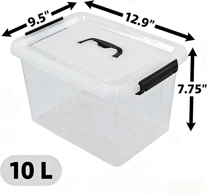 Yesdate Plastic Storage Bins with Lids, 6 Pack Storage Organizer, 10 L Stackable Storage Bins with Buckle-Up Latches and Handle, Storage Totes for Home Office Pantry Organization, Clear