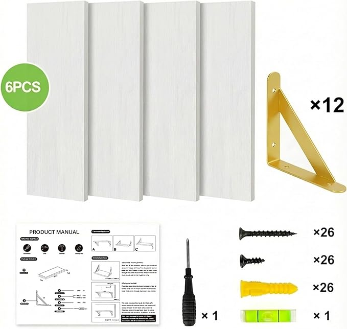 YGEOMER 23.6 Inch Floating Shelves for Wall, Farmhouse Wall Shelves for Bedroom, Bathroom Storage, Living Room and Kitchen Decor (Set of 6 White)