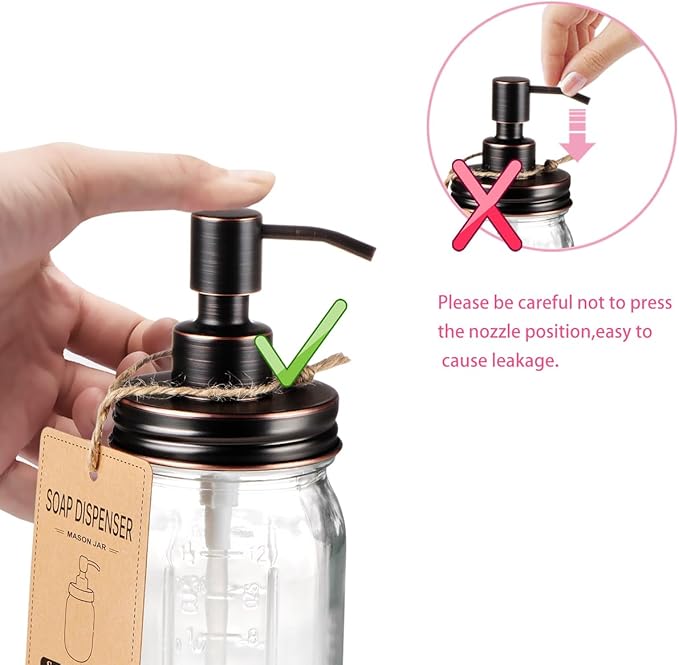 Amolliar Mason Jar Liquid Soap Dispenser, Rustproof Stainless Steel Replacement Pump Lid, Cute Farmhouse Decor for Kitchen, Bathroom, Refillable Hand Soap, Dish Soap, Lotion Soap, Rubbed Bronze-2 Pack