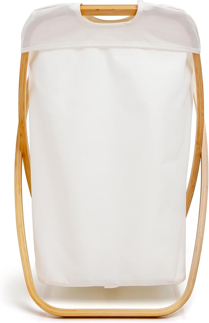 QUALIAZERO 72L Bamboo X-Frame Laundry Hamper – Foldable Single Section Clothes Basket with Removable Bag & Bottom Handle, Ideal for Bathroom, Bedroom, or Dorm (FEATHER CREAM, X-FRAME)