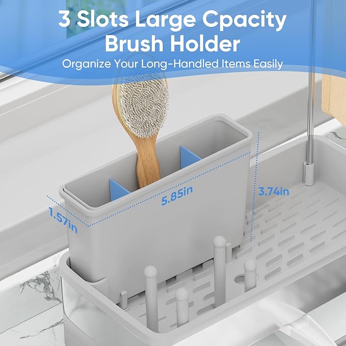 VUSIGN Sponge Holder for Kitchen Sink, Sink Caddy Organizer with Brush Holder, Rustproof Stainless, Self-Draining Sink Organizer for Countertop, Sponges, Brushes, Kitchen Decor and Accessories, Gray