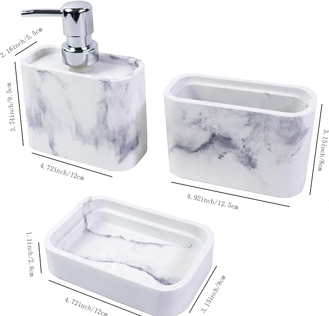 Hymmah Marble Pattern Bathroom Accessories Set, Toothbrush Holdr Set, 3 Pieces Resin Bathroom Set with Toothbrush Holder, Soap Dispenser, Soap Dish,Tumbler (Marble)