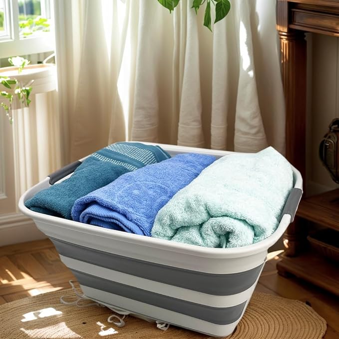 SMMART Collapsible Plastic Laundry Basket with Handle/Foldable Pop Up Storage Hamper/Portable Laundry Organizer-Space Saving Washing Tub/Household Storage Supplies (Grey/Steel Grey, 27L)