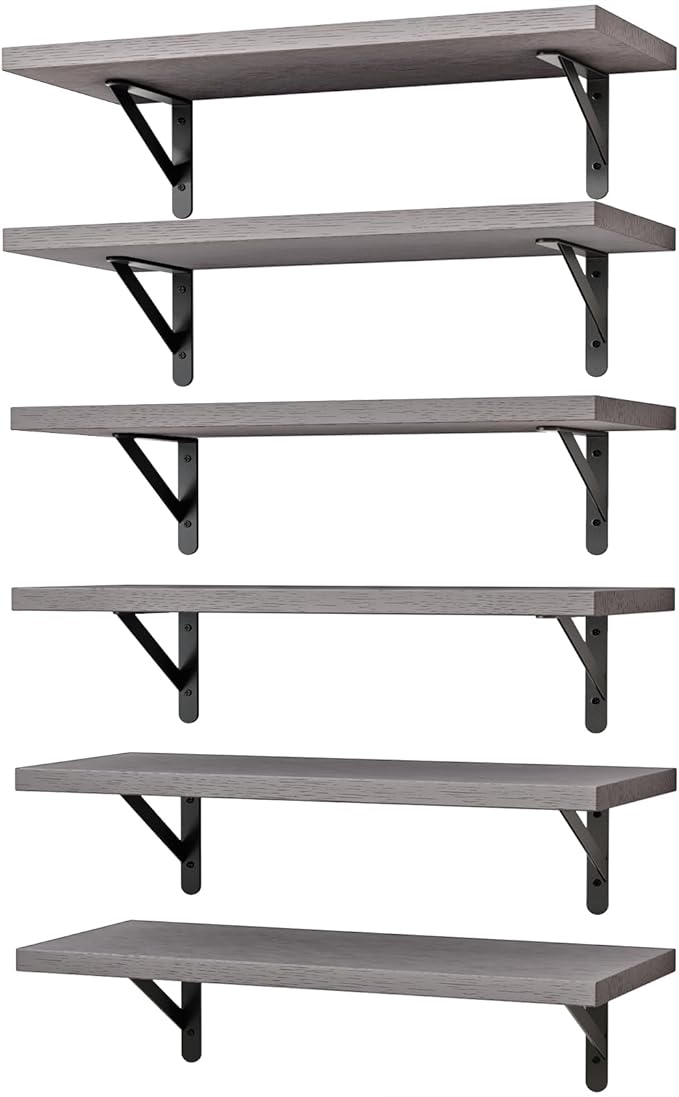 YGEOMER 16.5 Inch Floating Shelves for Wall, Farmhouse Wall Shelves for Bedroom, Bathroom Storage, Living Room and Kitchen Decor (Set of 6 Grey)