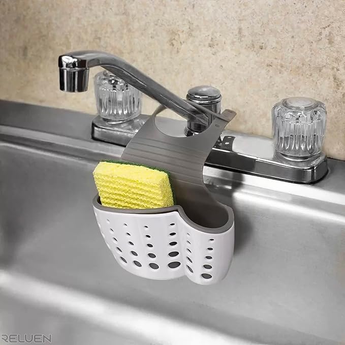 Reluen Silicone Sponge Holder For Kitchen Sink - Over The Faucet Sink Sponge Holder Hanging, 5.7 x 3.22 x 2.2 Convenient Size - Adjustable Silicone Holders With Strap, Easy to Use and Clean