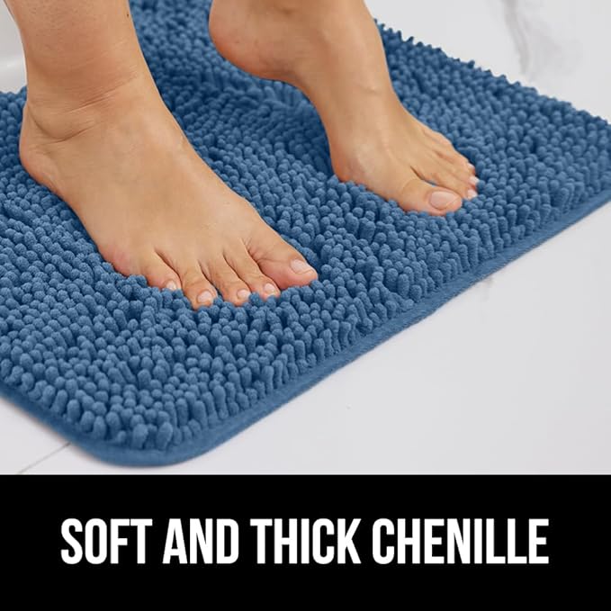 GORILLA GRIP Plush Absorbent Shaggy Chenille Bath Rug Mat for Oval Toilet Base with Rubber Backing, Machine Washable Rugs, Soft Microfiber Contour Mats for Toilets, Bathroom Decor, Blue