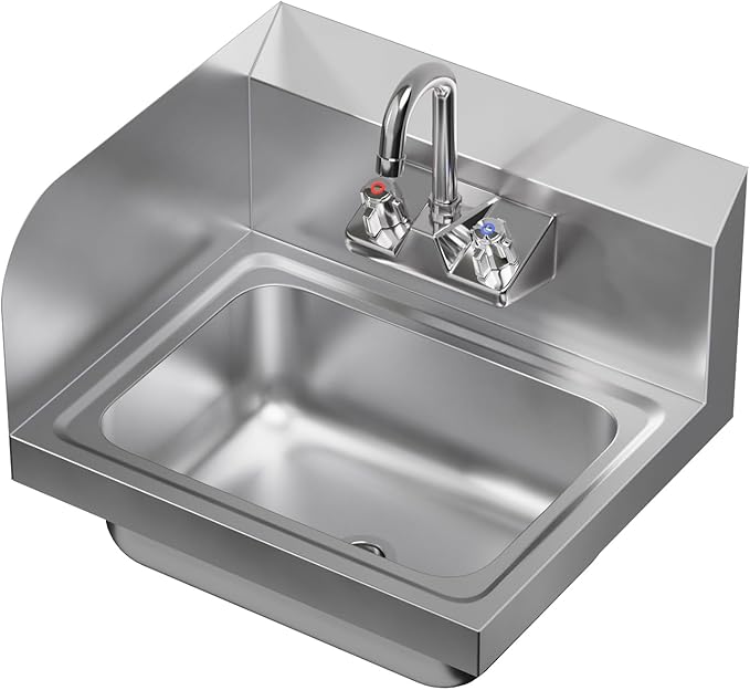 AmGood Stainless Steel Wall Mount Hand Sink with Faucet and Left Sidesplash 17" x 15" | NSF Commercial Hand Washing Basin For Restaurant, Kitchen and Home | Bowl Size: 10" x 14"